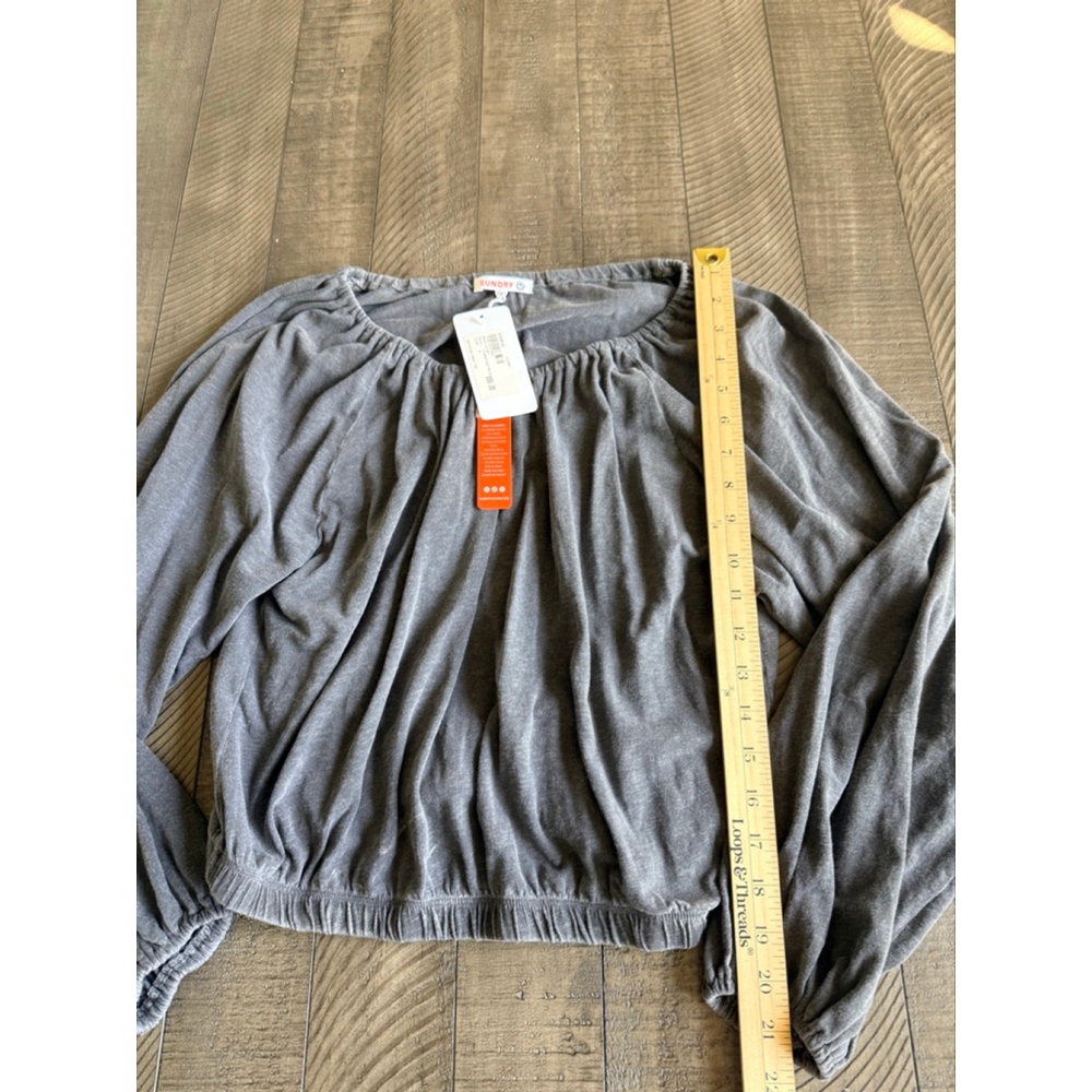 Sundry Gray Gathered Neck Balloon Sleeve Top Size 0 | NWT $98 Evereve - Picture 4 of 7